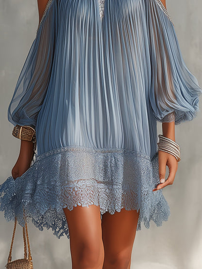 Vestido Corto Plisado de Hombros Descubiertos para Mujer
